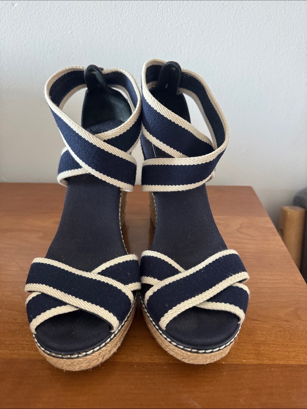Tory Burch Navy and Cream Espadrille Wedge Sandals - Picture 5 of 5
